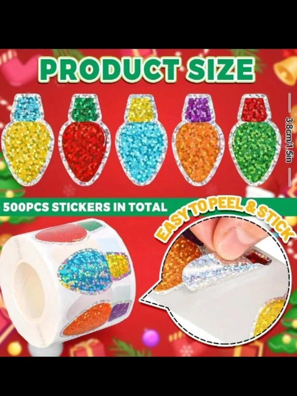 Glitter Christmas Light Stickers - 500 Piece Roll